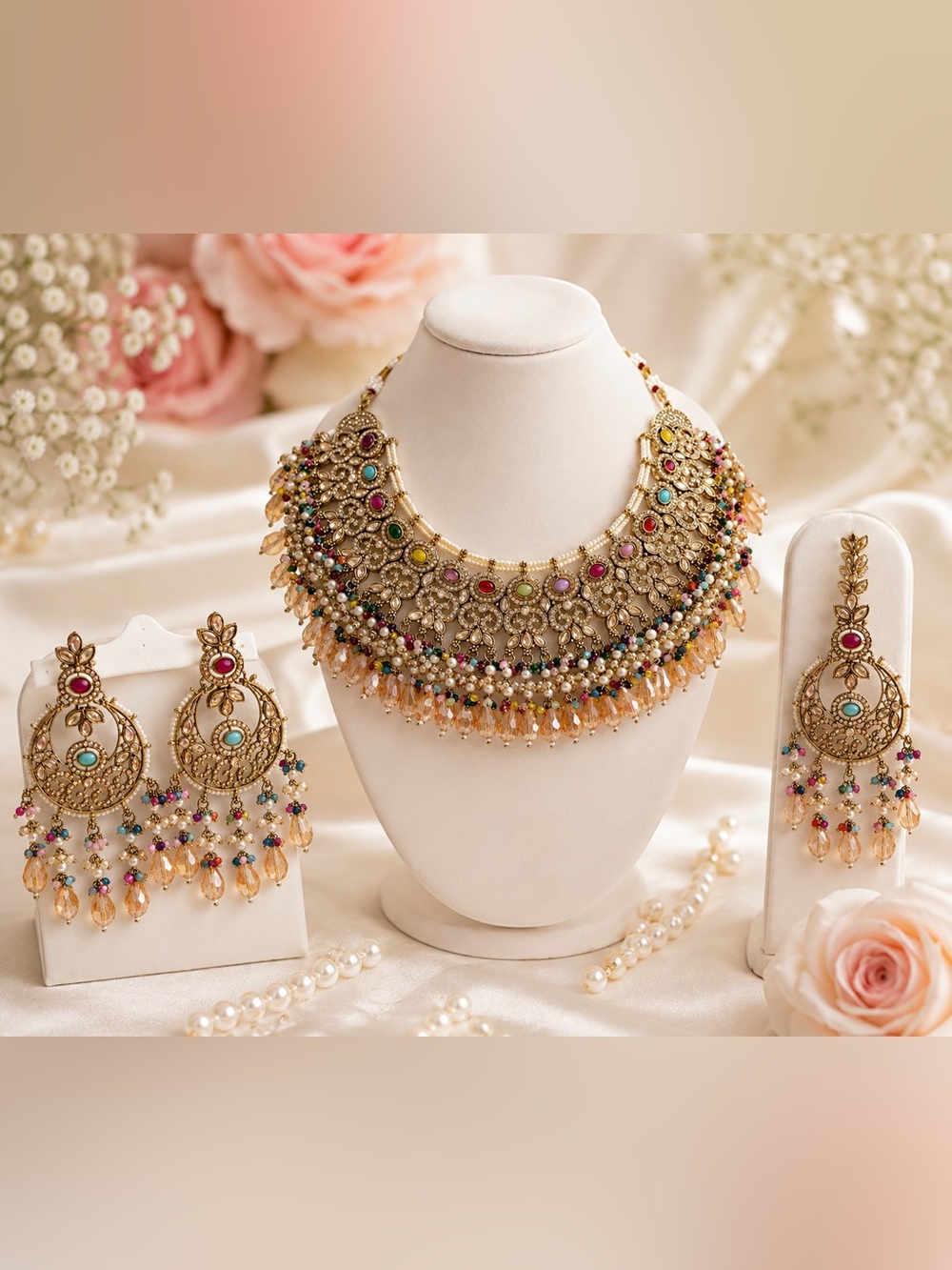 Gold Multicolor Kundan Choker Necklace with Matching Earrings